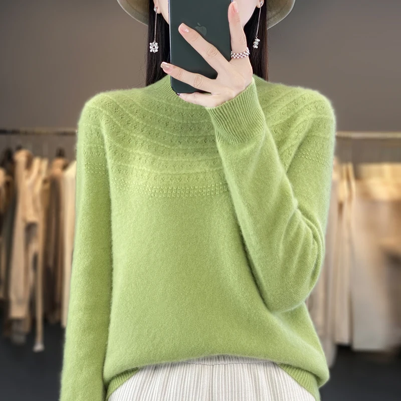 

2023 Autumn/Winter New Seamless Single Thread Readymade Women's Pullover 100% Wool High Neck Hollow out Sweater Soft Top