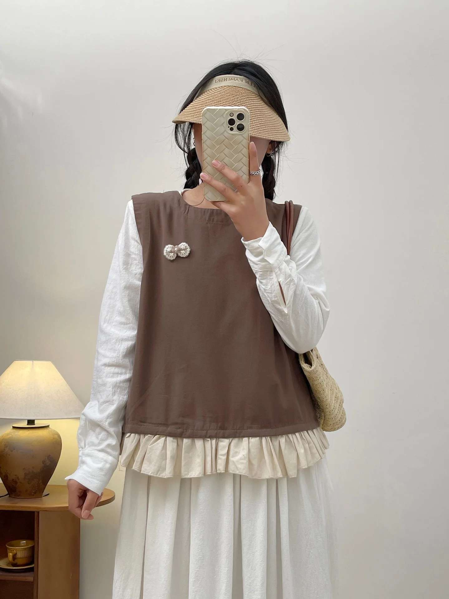 

Spring Summer New Retro Artistic Color Blo Design Women's Vest Layering Cotton Sweet Sle round Ne Ba Split Skirt