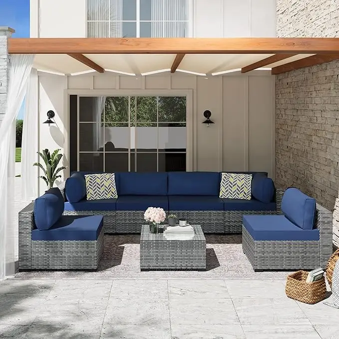 Patio Conversation Sets High Back All-Weather Rattan Sectional Sofa with Tea Table&Washable Couch Cushions
