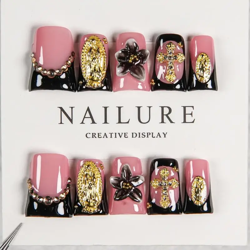 Pink Black Contrast Cross Metal Charms Press On Nails,Vintage Cool Medium Long Square False Nails,Removable Reusable Trendy Popu