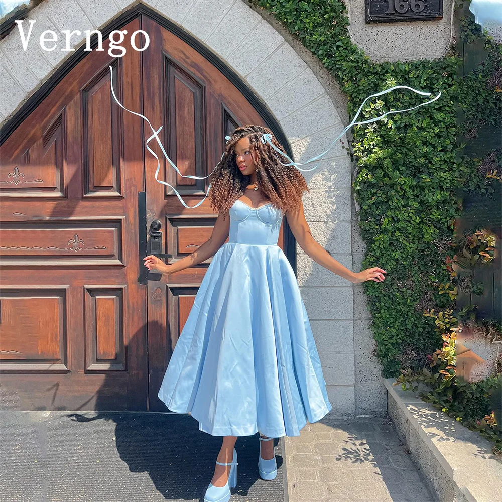 

Verngo Blue Satin Prom Gown 2024 Spaghetti Strapless A Line Evening Dresses Women Simple Ankle Length Prom Dress