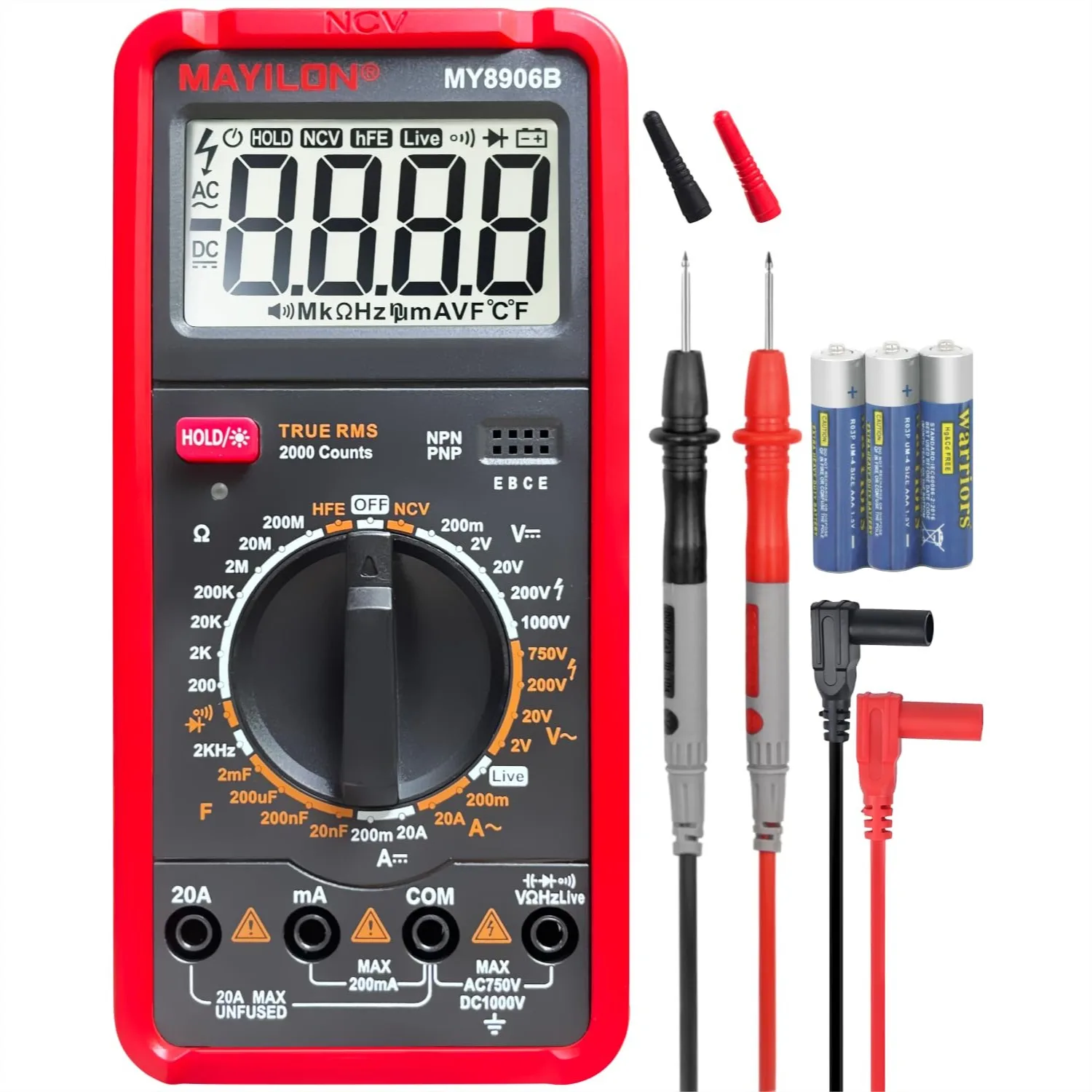 

TRMS Digital Multimeter 750V-1000V for AC/DC Voltage Current Resistance Continuity Diodes Frequency NCV Live Wire Detection