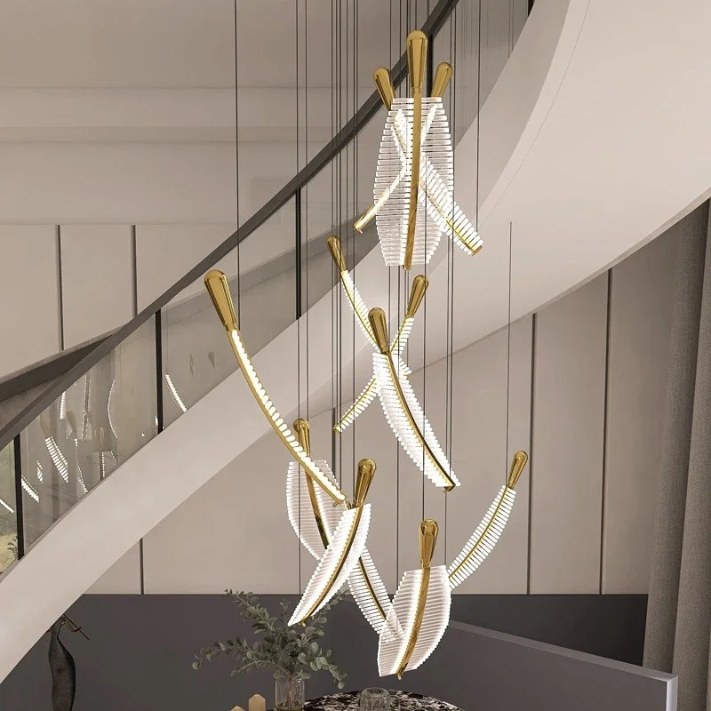 

Long modern led chandelier for staircase luxury feather design hang crystal light fixture large home decor hall gold lamps