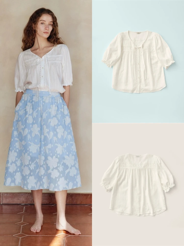 

East Gate V-ne Hollow out ort Sve Bubble Sve irt Women's Thin Top Fre Artistic Sle Commute Wind Loose Fit