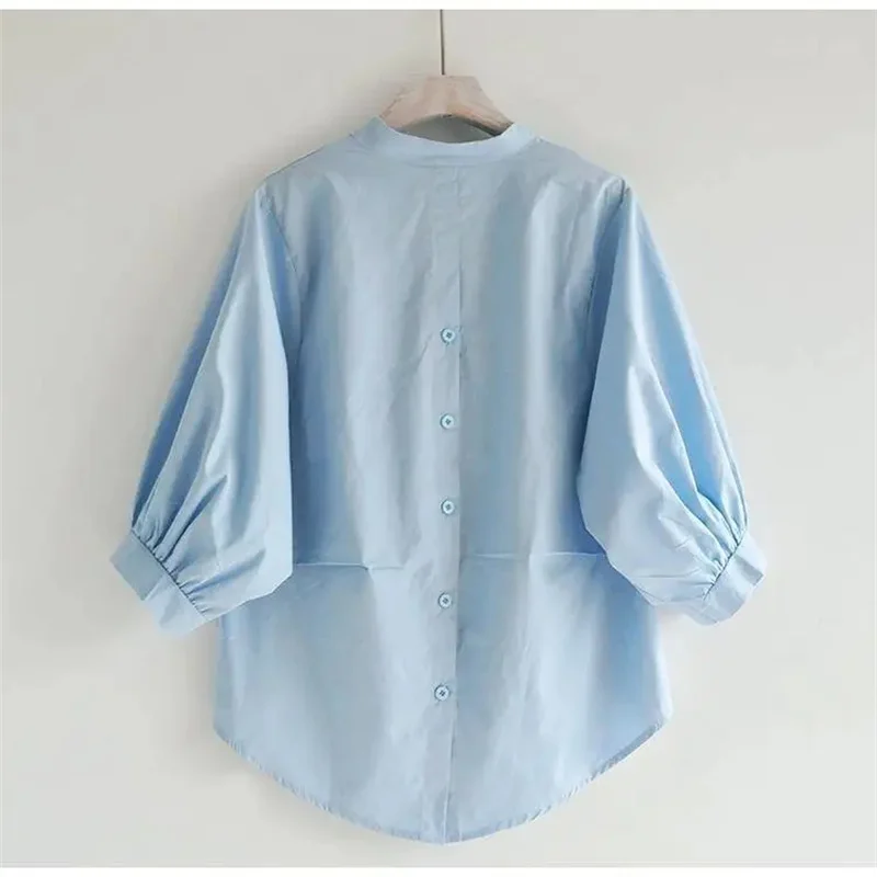 Korean Fashion Oversize Shirts Women Elegant Lantern Sleeve Blouses Blue Loose Summer Tops V-Neck Lightweight Casual Blusas