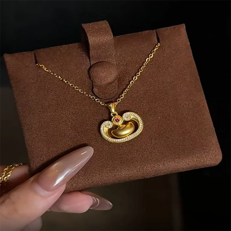 

Luxury AU999 24K Gold 5D YuanBao Lock Necklace, Ruby Moissanite, Women's Premium Clavicle Chain Gift for Girlfriend