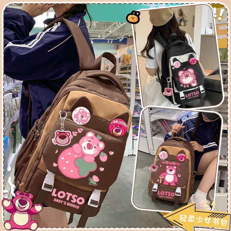 2025 New Disney Strawberry Bear Student Backpack for Girls, Fashion Teenagers, Large Capacity School Backpack