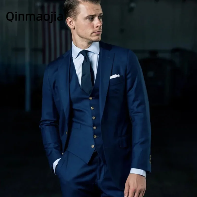 

Fashion Navy Blue Suits For Mens Gentleman Formal Business Wedding Groom Tuxedo 3Piece Vest Pants Masculino Casual