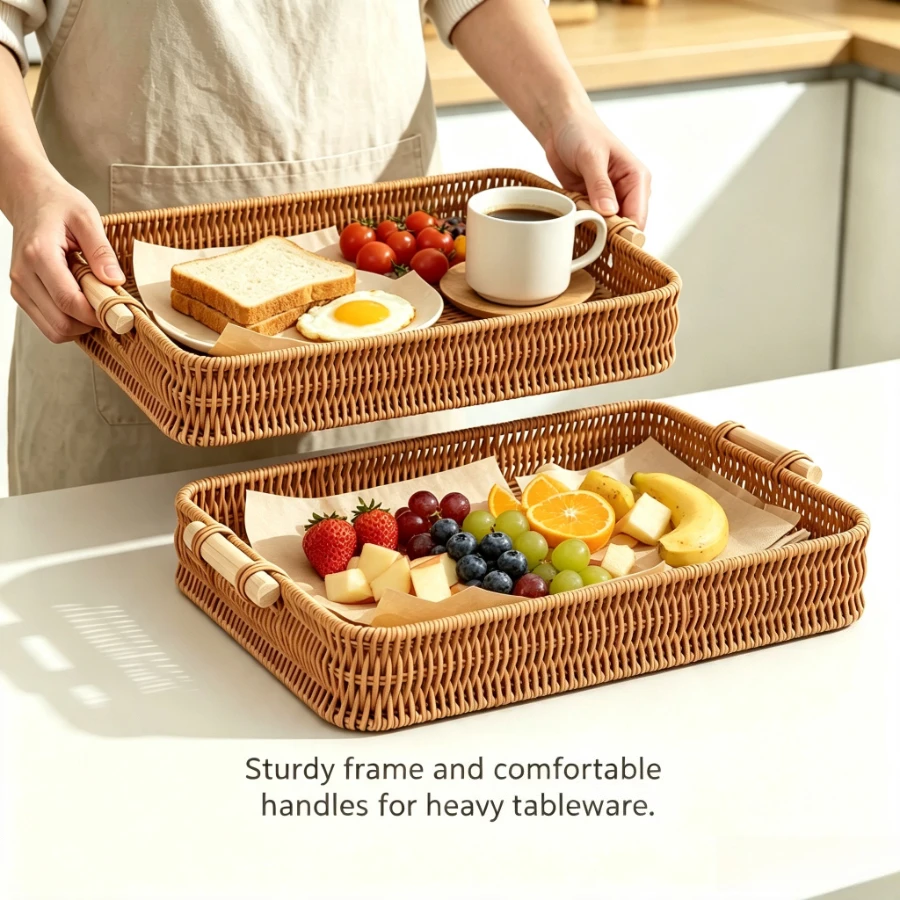 Hand-woven Rattan Serving Tray with Wooden Handles Decorative Organizer for Coffee Kitchen Table Restaurant Cafe Storage Baskets
