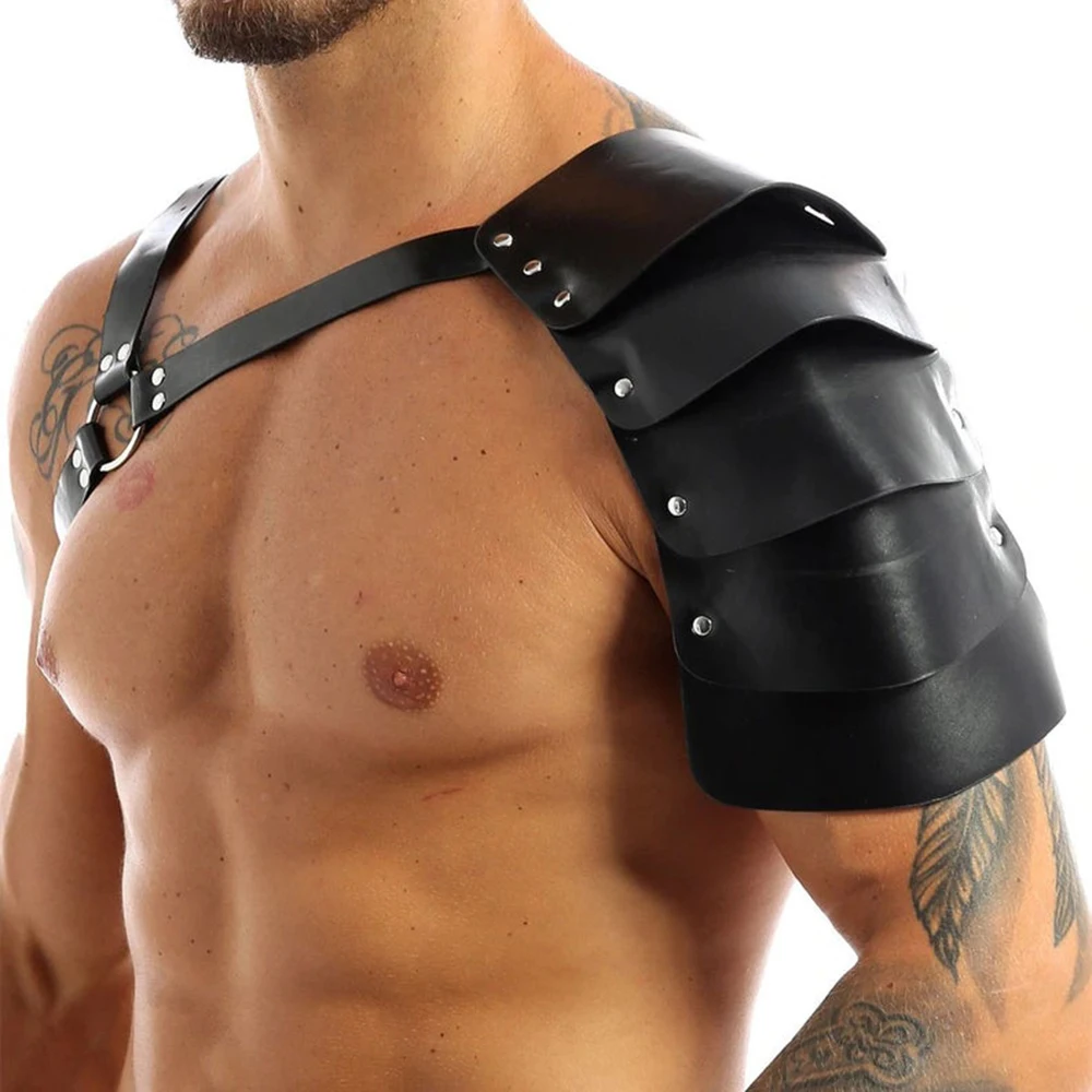 Black Men\'s Leather Sexy Body Harness Cross Shoulder Armor Fetish Halter Lingerie Adjustable Buckle Rave Club Outfit