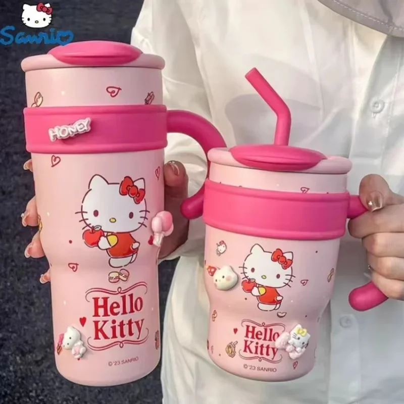 Sanrio 1200ml Water Cute My Melody Hello Kitty Insulated Bottle Large Capacity Straw Thermos Cup Cartoon Children Stainless Cup