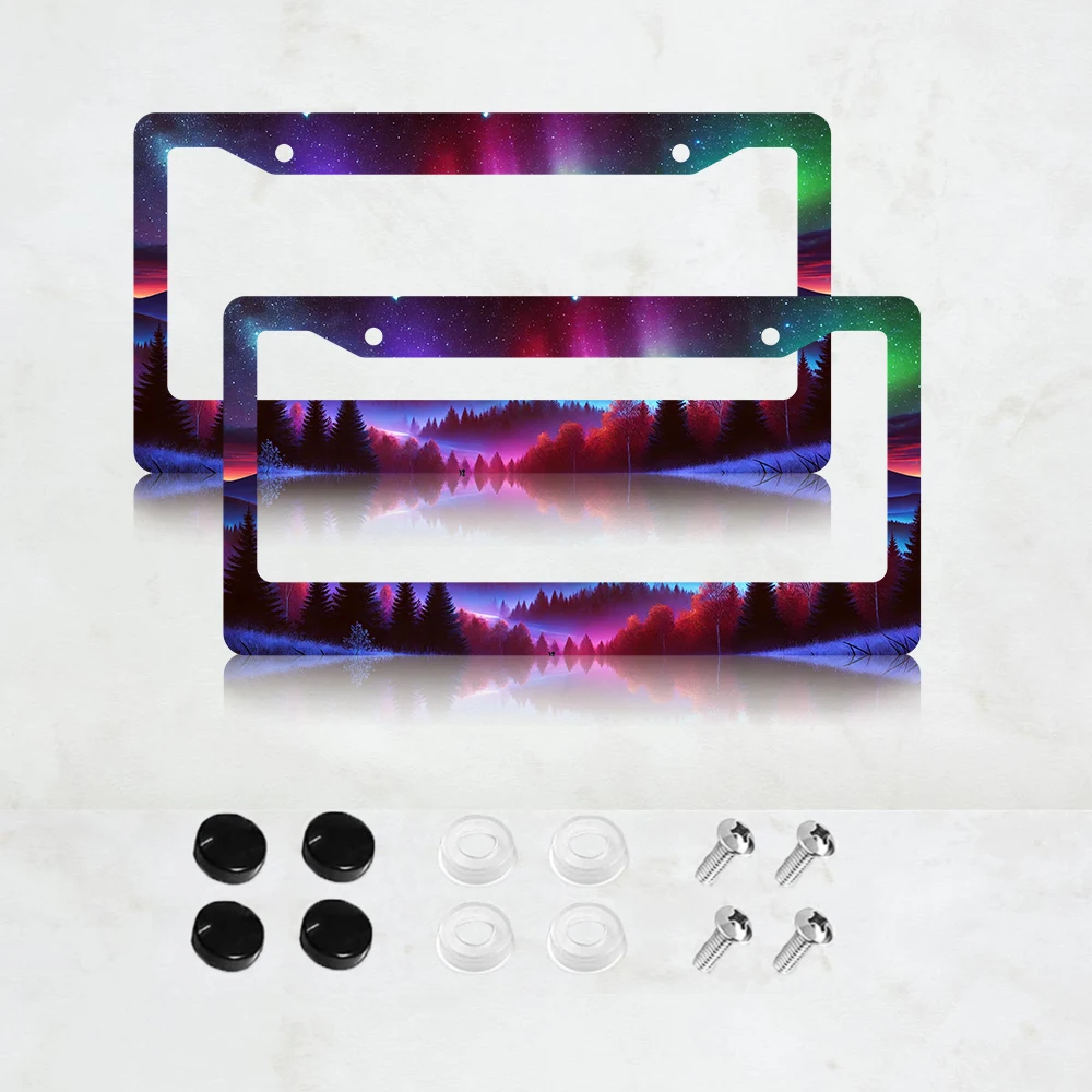 

2PC Beautiful Aurora Night Sky License Plate Frame Galaxy Forest Aluminum License Plate Frame - 6 x 12 Inch US Standard Size