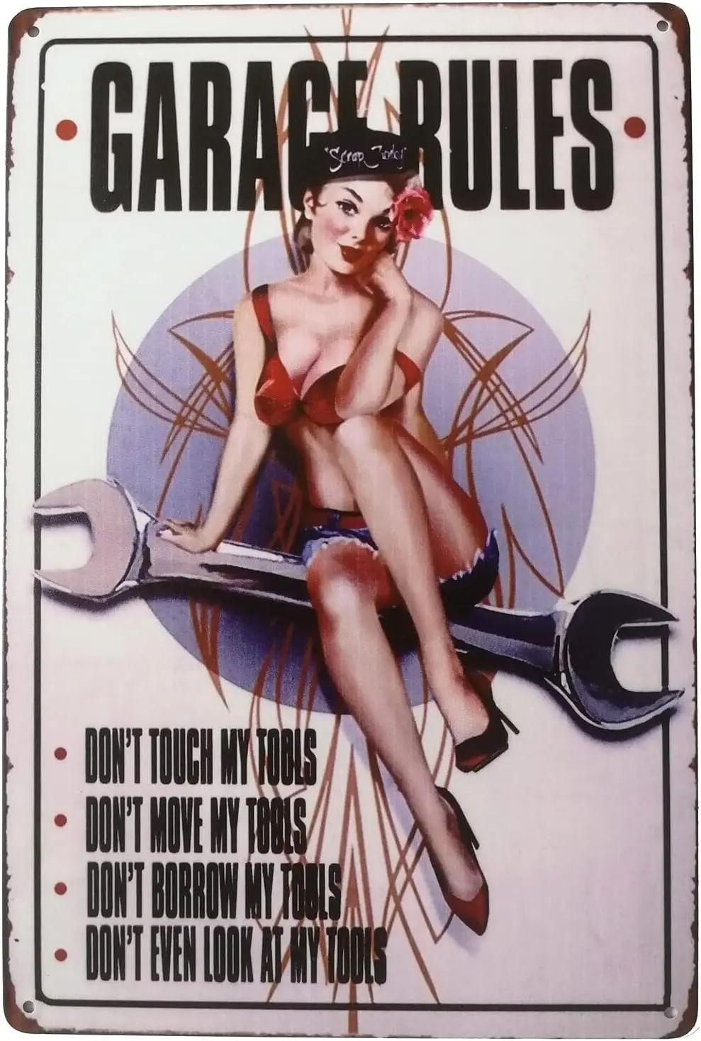 ERLOOD Garage Rules Sign Pin Up Girl Retro Vintage Decor Metal Tin Sign Great Tool for The Garage