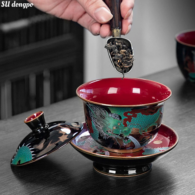 Chinese Green Dragon Gaiwan Wired Enamel Ceramic Jucai Tea Bowl Vintage Palace Style Kung Fu Tea Set Luxurious Business Gifts