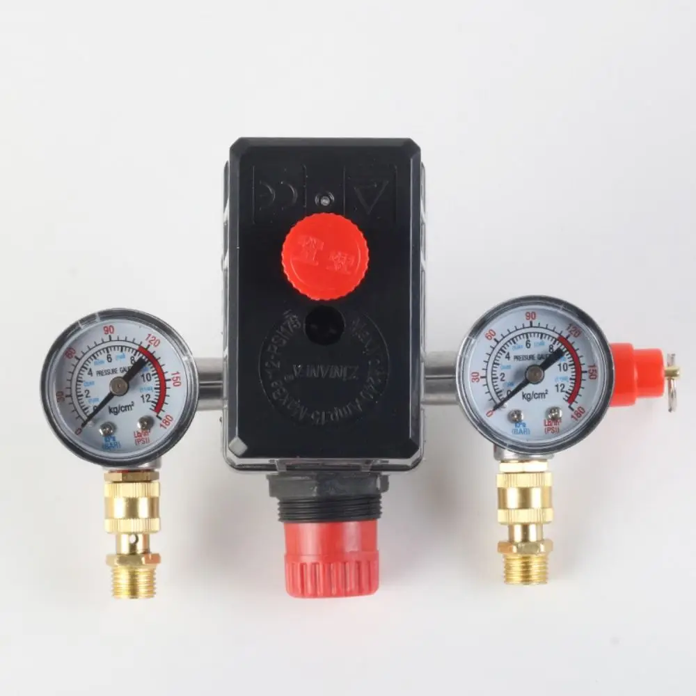 

90-120PSI Air Compressor Pressure Valve Kit Vertical Switch Dual Pressure Gauges Air Compressor Bracket Red ON/OFF Switch Knob