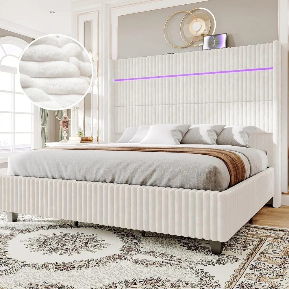 

Bed Frame with LED Lights, Corduroy Upholstered Platform Beds Frames with Wingback Headboard and Charging Station, Bed Frame