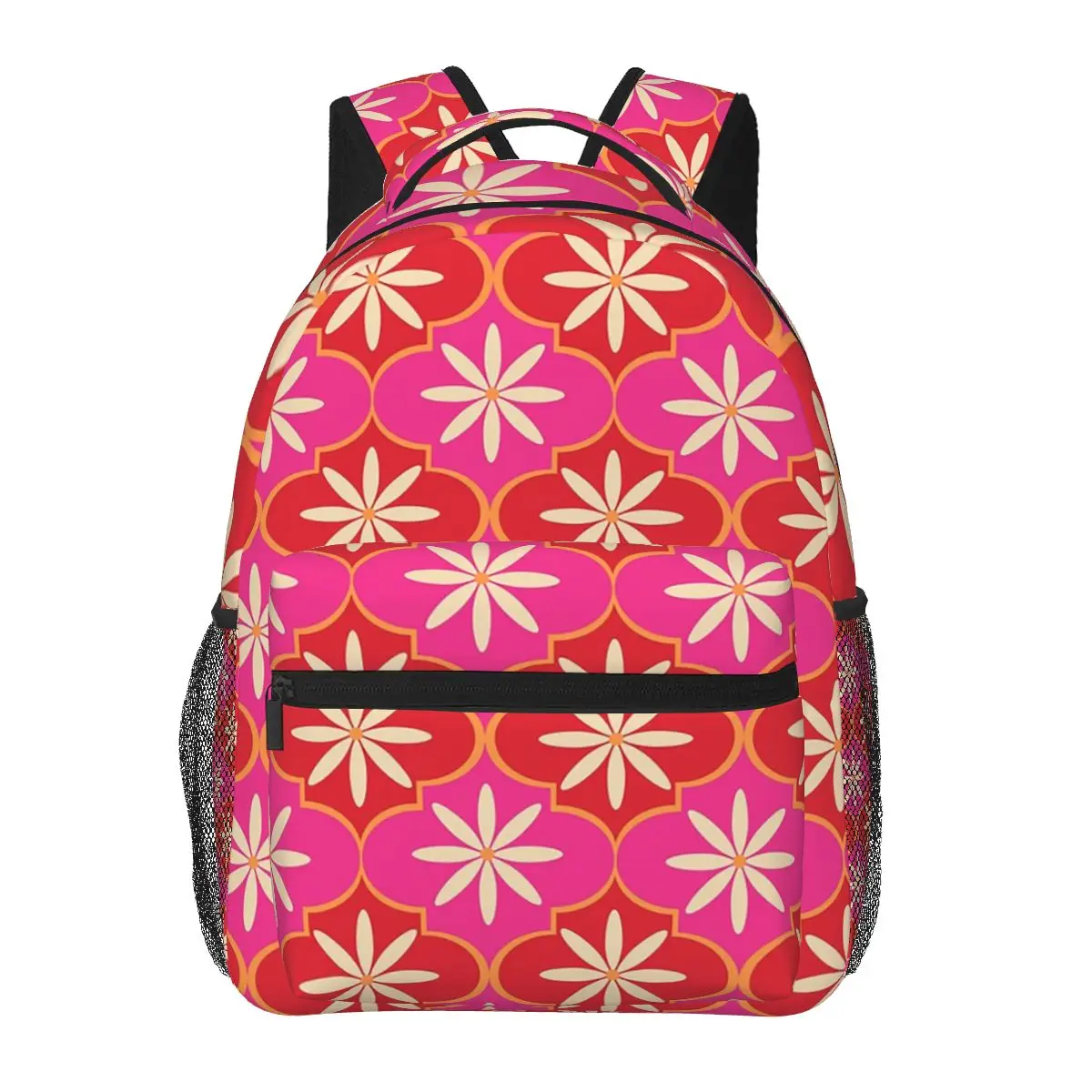 

White Flowers On Pink And Red Moroccan Tile Backpack Hot Sale Daypack Children BookBag School Bag Shoulder Bags for Men Women