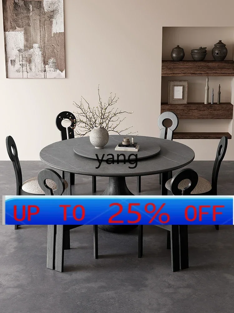 

LMM retro wind rock slab dining table with turntable household small apartment black modern simple solid wood round table