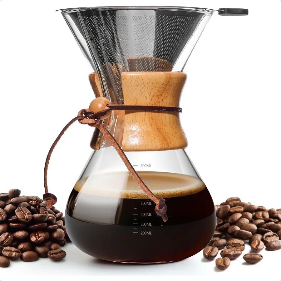 

Кофеварка Pour Over, 27 унций, 8 чашек, капельная кофеварка из боросиликатного стекла с многоразовым фильтром из нержавеющей стали и пробковой ручкой для Hom