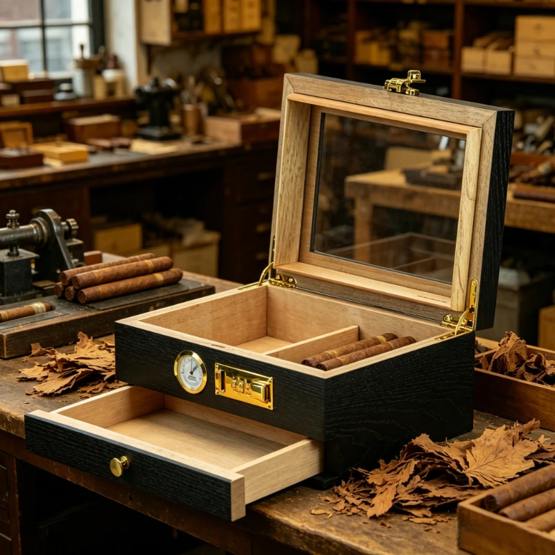Customizable Cigar Humidor Box with Password Lock Holds About 30 Cigars Built-in Humidity Control