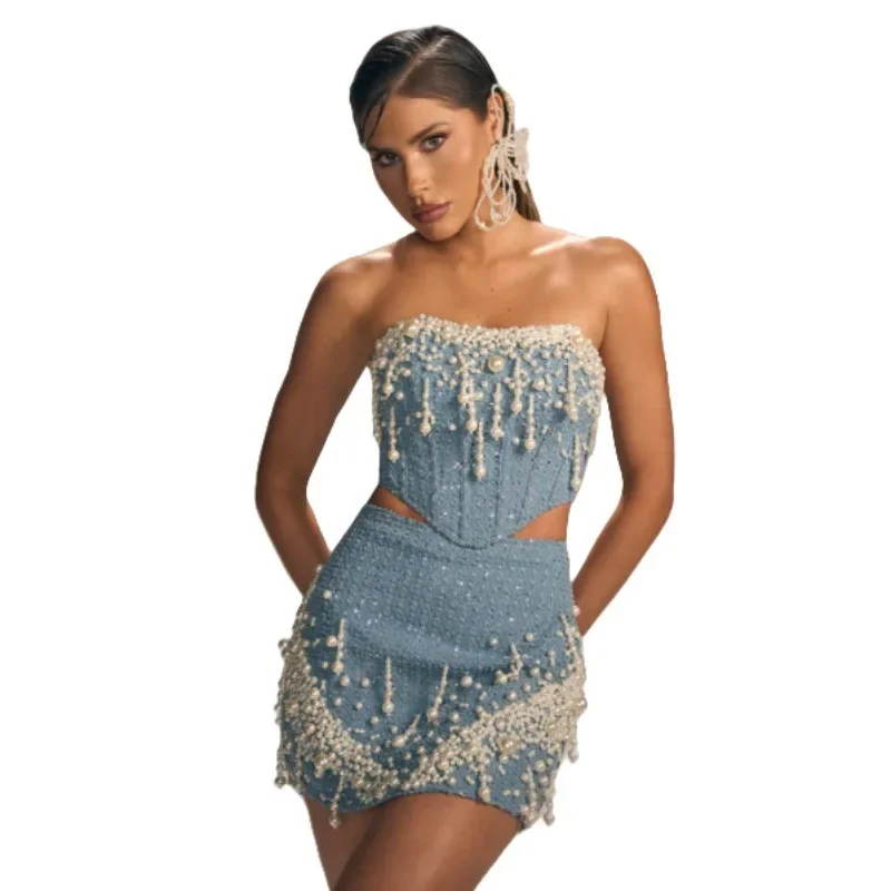 Sexy 3D Pearls Beaded Tassels Sequined Camis Strapless High Waist Beading Fringed Denim Tank Tops + Shiny A-Line Skirt 2Pcs Set