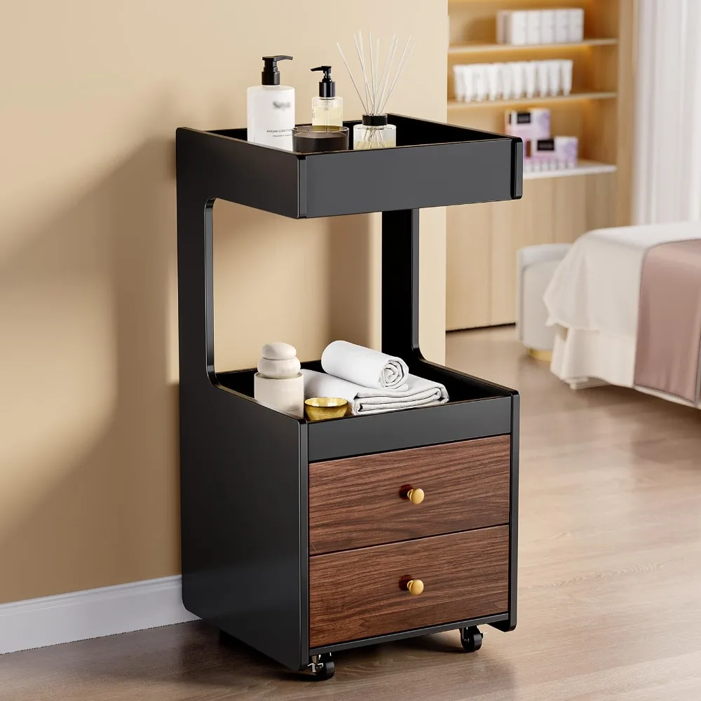 Salon Trolley Cart, Esthetician Cart with 2 Drawer & 2 Trays, 2 Lockable Wheels Hair Styling Station, Tool Organizer
