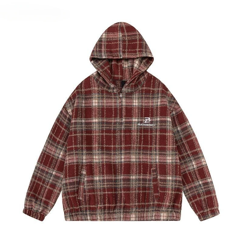 American Retro Plaid Design Versatile Couple Jackets Men Women Hooded Letter Embroidery Long-sleeved Slimming Loose Casual Coats