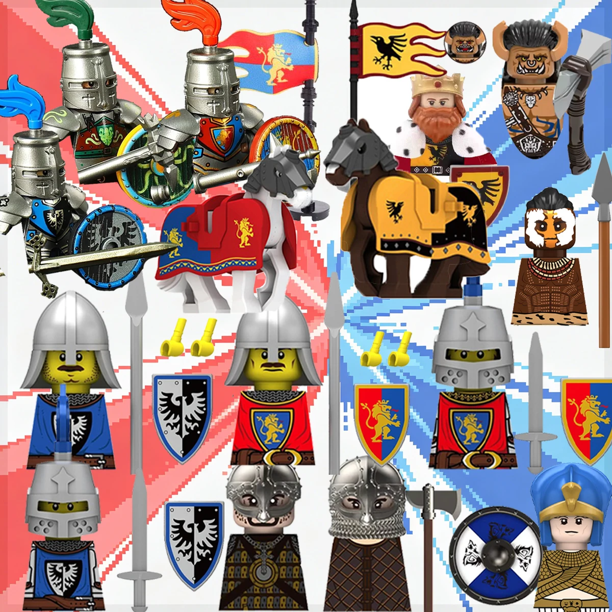 Figuras de Caballeros de Castillo Medieval, León Rojo y Águila Negra con Armadura de Caballo de Guerra y Armas, Bloques de Construcción Compatibles, Juguete para Niños E025