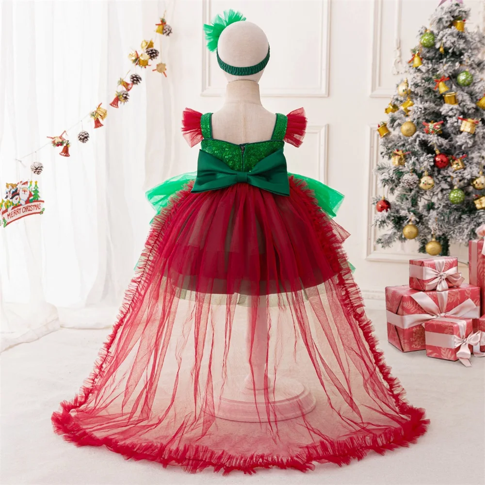 2pcs Baby Girls Christmas Trailing Party Dresses Toddler Kids Sequin Birthday Tutu Dress Girl Summer Lace Fashion Evening Gown