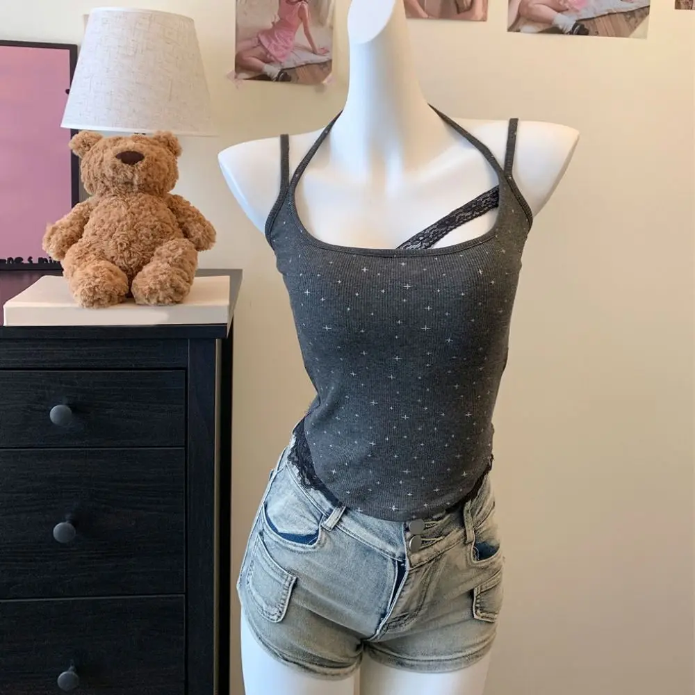 

Korean Dots Strap Skinny Vest Tops Tank Irregular Camisole with Pads Sleeveless Lace Y2K Slim Crop Top Club