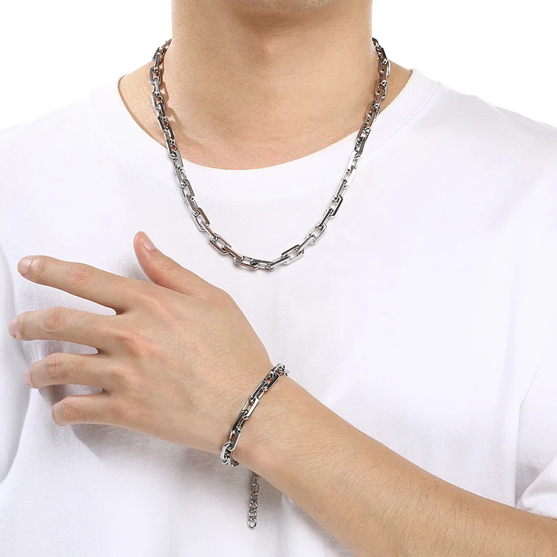 Fashion Personalized Cross O-Shaped Chain Titanium Steel Men's and Women's Necklace Bracelet Jewelry Set 8mm 22inch + 8.5inch