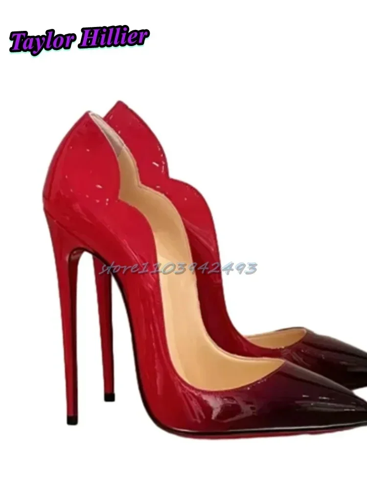 로즈 레드 물결 모양의 굽 샌들 지적 발가락 핑크 하이힐 스틸레토 얕은 뜨거운 소녀 새로운 디자이너 숙녀 파티 신발을 당겨