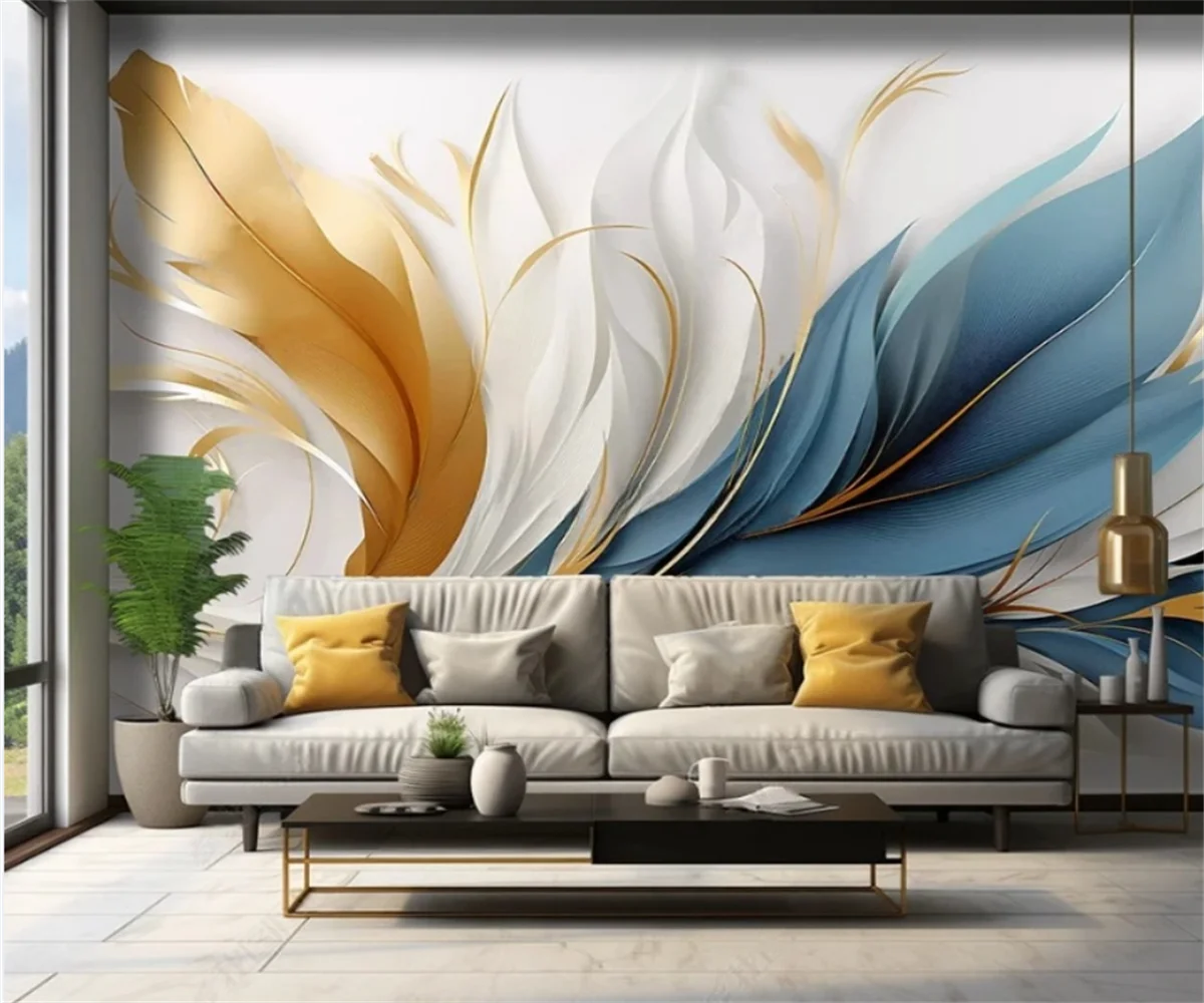 Customized Wallpaper Simple Blue Feather TV Background Wall Painting Home Decor Living Room Bedroom Feather Design 3d wallpaper