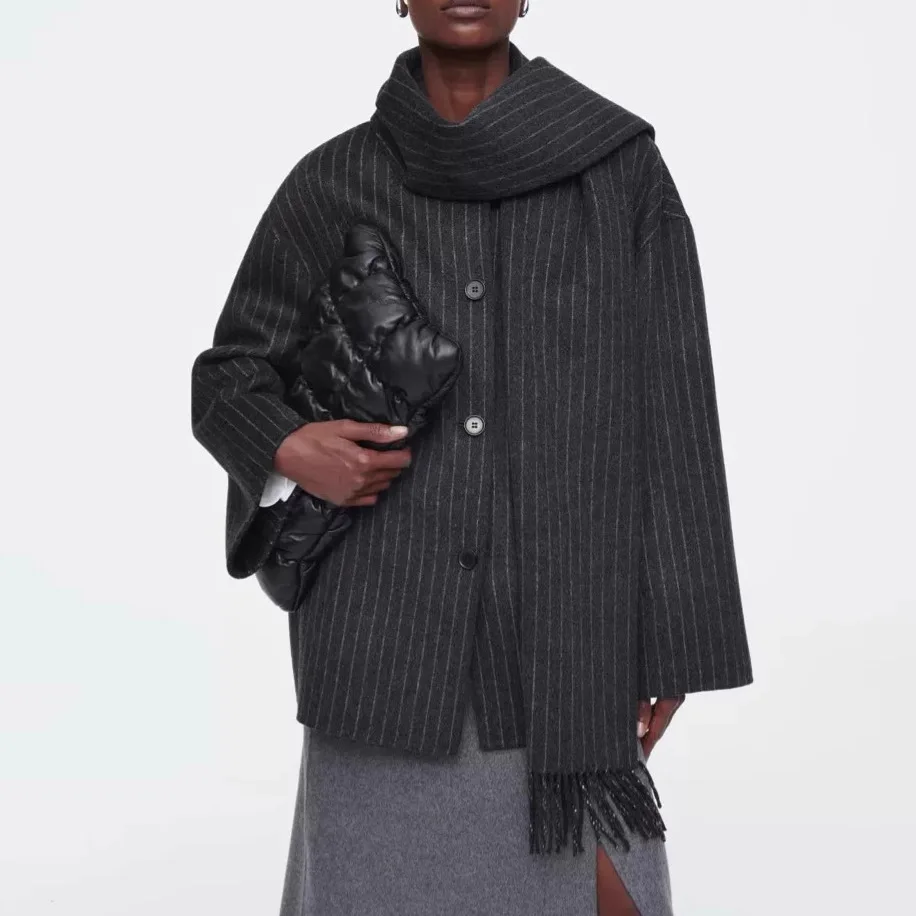

SuperAen Retro Fringed Scarf Collar Woolen Coat Women's Winter New Fashion Casual Striped Coat