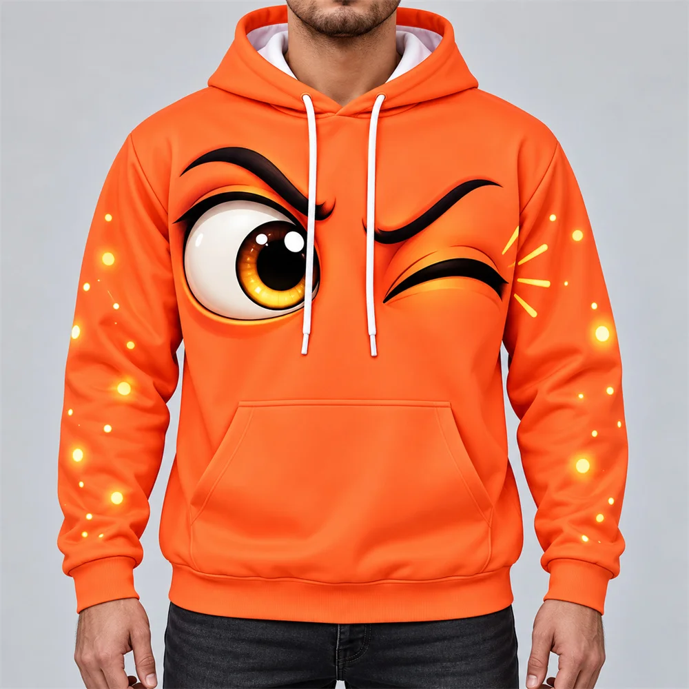 Big Cartoon Eyes Hoodie for Men Funny Angry Wink 3D Printed Pullover Hoodie Colorful Gaze Graphic Hooded Sweatshirt Streetwear