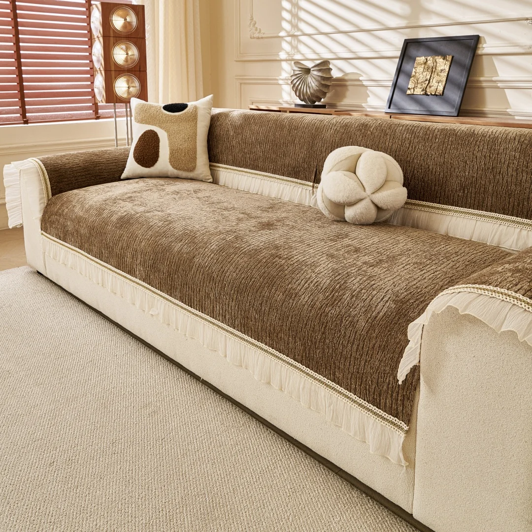 Solid Textured Jacquard Chenille Sofa Cover, with Lace & Ruffle Hem Anti-Slip Couch Seat Cover, Slipcover for Living Room Couch