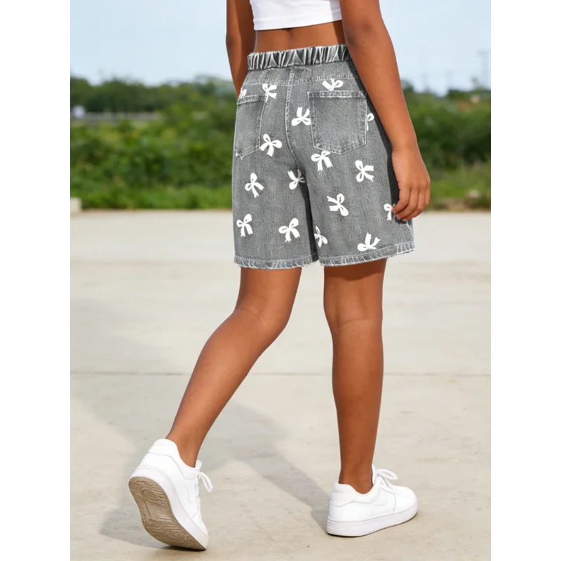 2026Children's Gray Imitation Denim White Bow Full Print Shorts