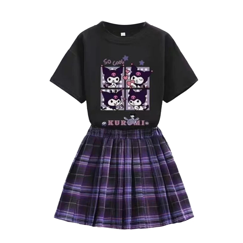 Sanrio Kuromi Kawaii Girls Clothes Sets T-shirt Skirt Suit Summer Clothes Girl Suit Teens Children\'s Clothes Style Pleated Skirt