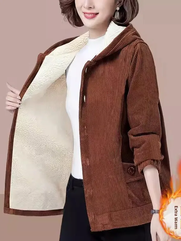 Thickened Fleece Women's Jacket Autumn Winter New Style High End Youthful Loose Casual Hooded Top Mommy Clothes Corduroy Mate...