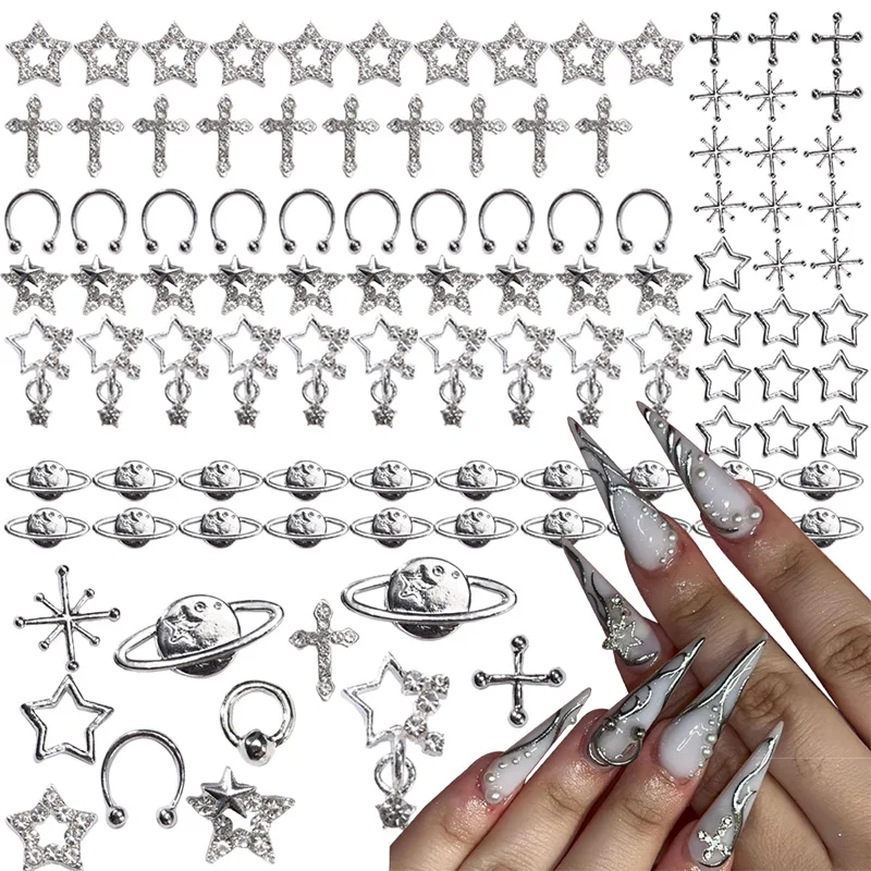 80 peças amuletos de unhas de estrela para unhas acrílicas, estrela de prata planeta cruz liga decoração de arte de unhas, pedras de unhas acessórios de joias de unhas
