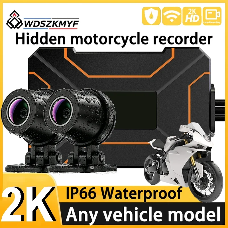 Hidden Dual Front Rear Motorbike Dash Cam 2K/1080P WiFi APP Control IP67 Waterproof Motorcycle DVR 140°Wide Angle Loop Recorder