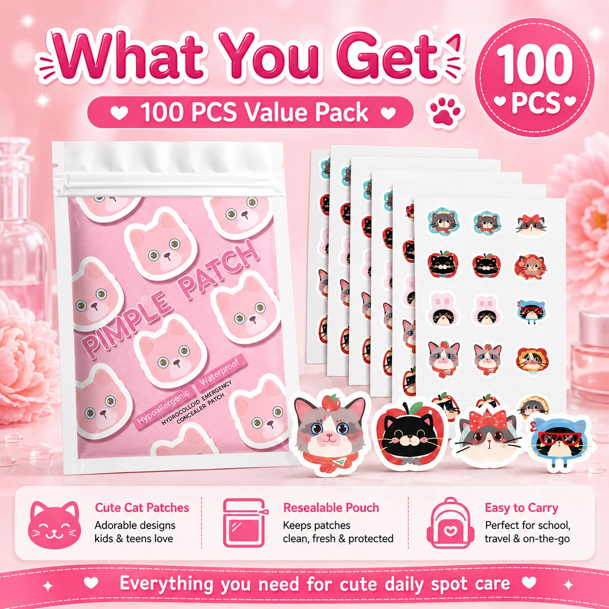 100pcs Cartoon acne patch, cute cat-shaped facial concealer acne patch, safe, non-toxic.