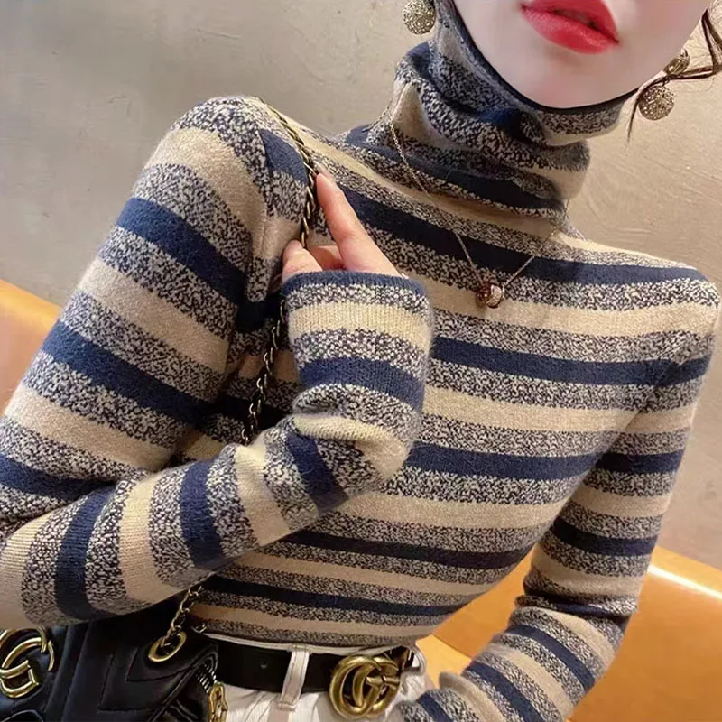 Women Striped Turtleneck Fashion Sweaters Female Top 2024 Spring New Simple Soft Comfortable Vintage Knitwear Slim Pullovers