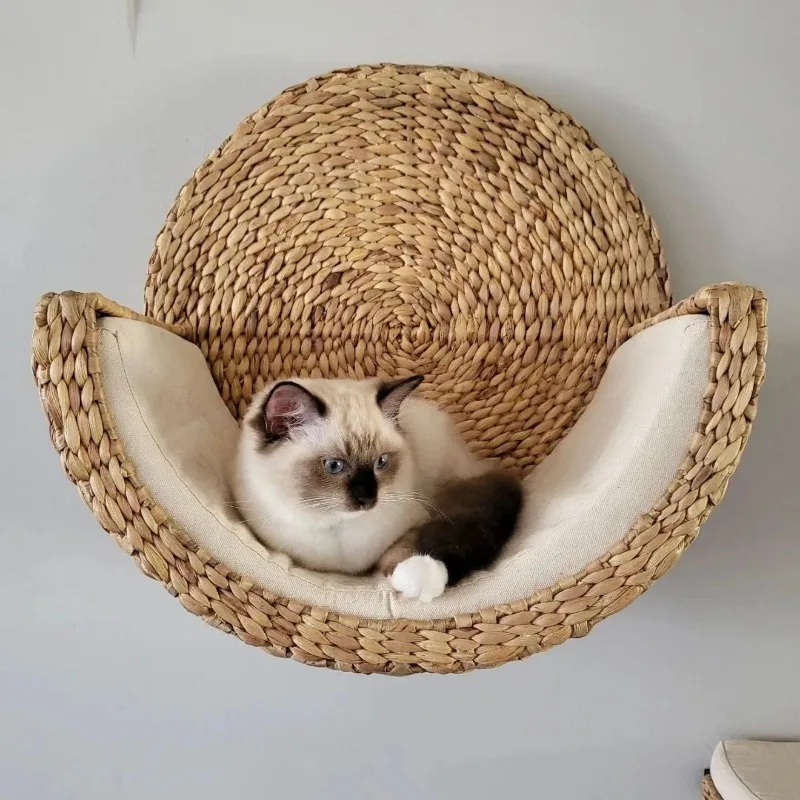 Handwoven Natural Rush Cat Wall Perch, Round Hanging Cat Nest with Jump Platform for All Seasons