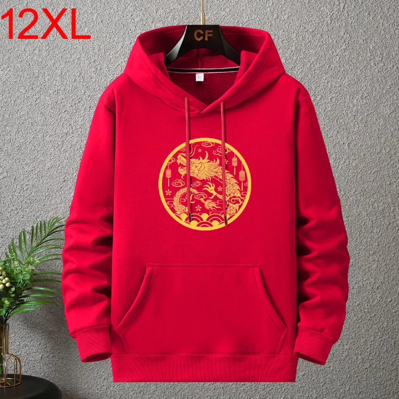 

2024 Chinese Lunar Dragon Year Hoodie Men Red Hoodies Plus Size 10XL 12XL Autumn Winter Fleece Hoodies Male Hooded Sweatshirts