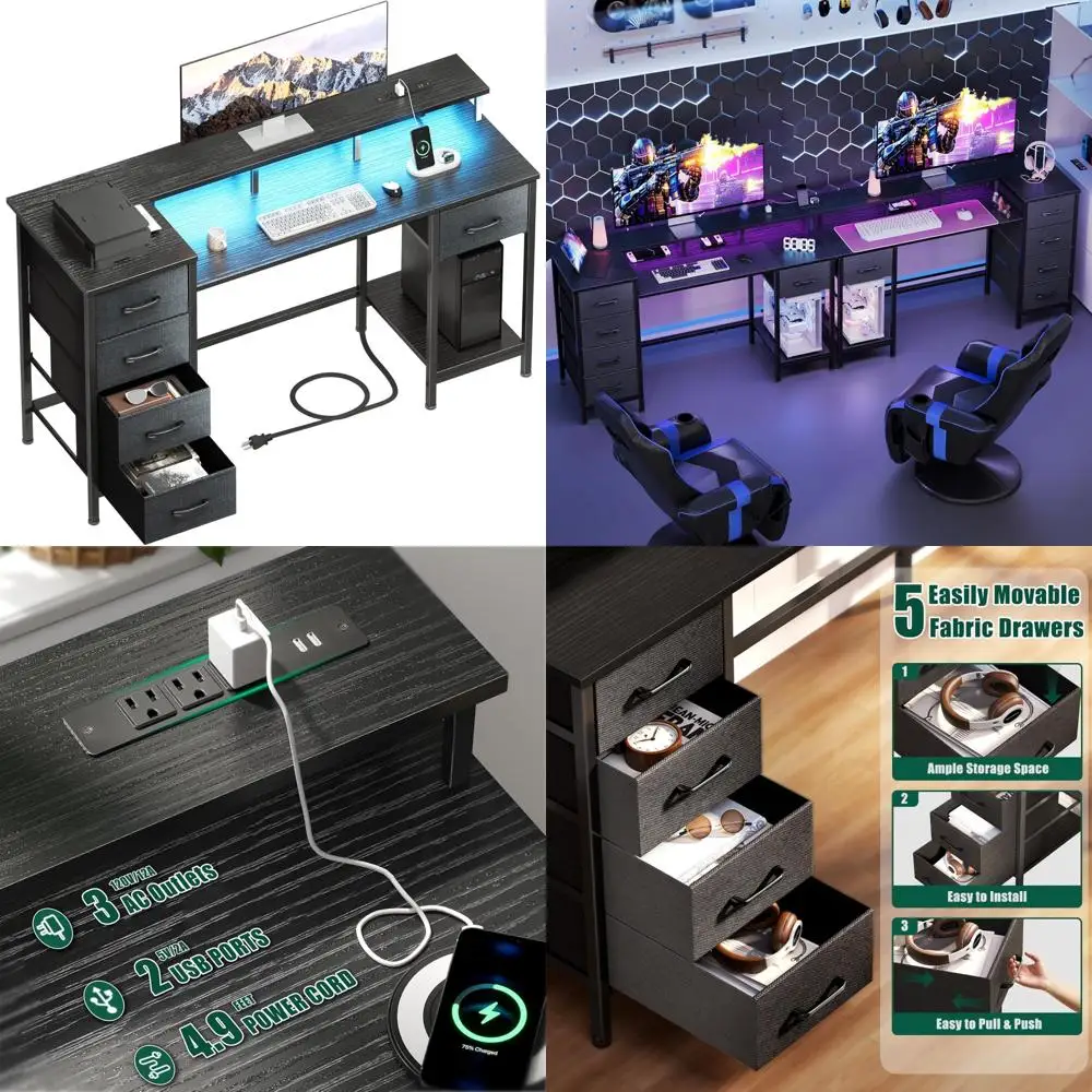 

Reversible 47 Inch Gaming Desk with Power Outlets, LED Lights, and Adjustable Fabric Storage Drawers