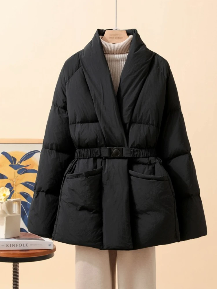 Women White Duck Down Jacket Casual Loose V-Neck With Belt Slim Mid-Length Parkas Fashion Winter Outwear Puffer Coat 2025 New