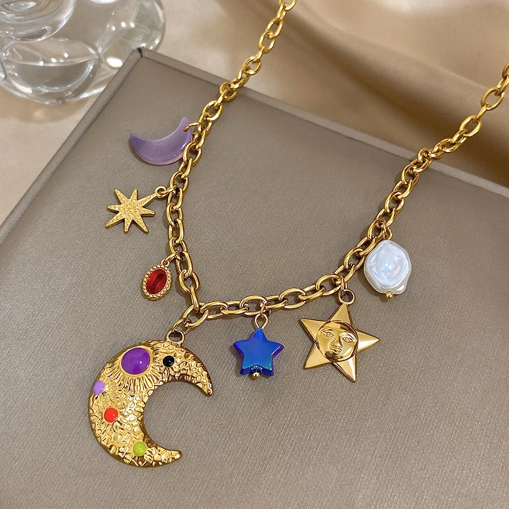 

Classics Stainless Steel Moon Sun Pendant Necklace for Women Boho Colorful Acrylic Star Starlit Sky Clavicle Chain Neck Jewelry