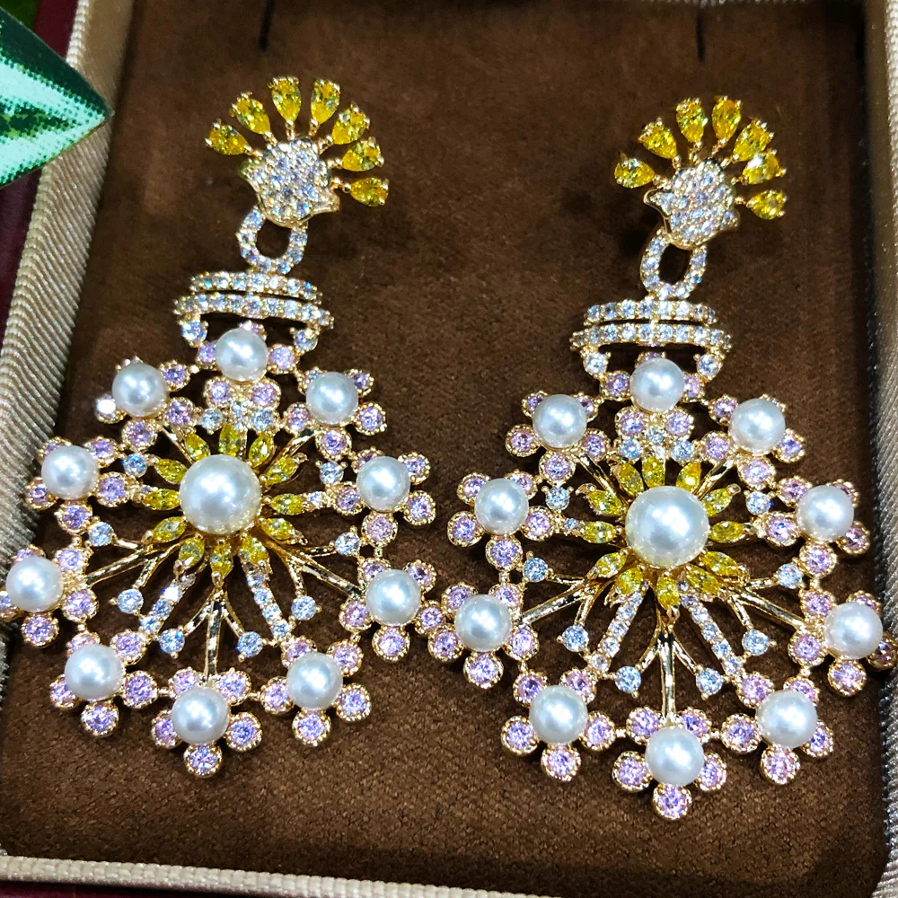 

Missvikki Luxury Pearls Earrings Crystal CZ Long Dangle Earring For Women African Bridal Earring aretes de mujer modernos