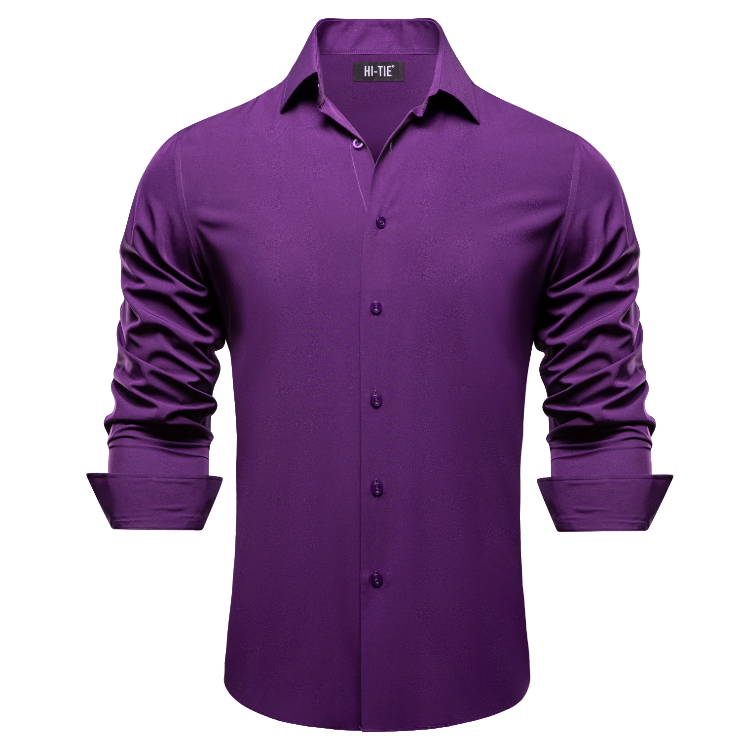 Hi-Tie Plain Solid Silk Men\'s Shirts Purple Long Sleeve Lapel Dress Suit Shirt Blouse Micro Elastic Comfortable Wedding Business